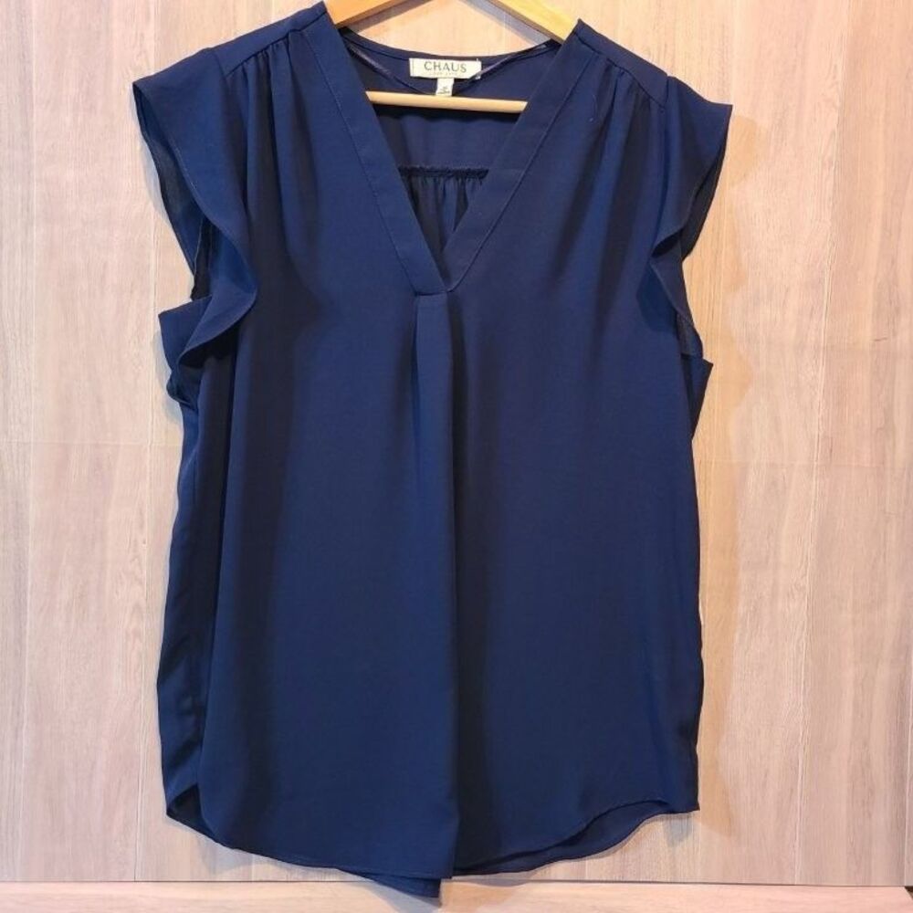 Chaus New York Navy Blue V-Neck Blouse M NWT Womens Polyester Pleated Top Shirt